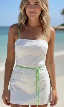 GABAR Vintage 70s White Green Dots Belt Tassels Flower Bathing Swimsuit Fits XS