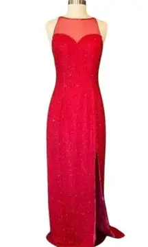 Andretta Donatello Red Gown XS Slit Mesh Beaded Detail Drama Glam Prom Pageant