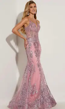 Lush by Jasz Couture‎ Pink Silver Sequin Mermaid 7317 Open Back Prom Gown Size 0