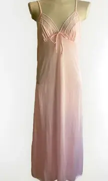 Vintage 70s Val Mode Pink Nightgown Long Bow Sheer Strappy Medium