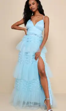 NWT Lulus Gorgeous Statement Blue Tulle Tiered Ruffled Maxi Dress Prom Gala S