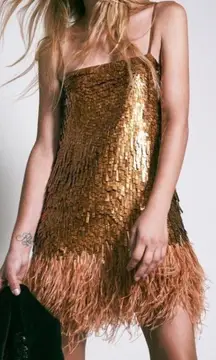 NWT Johanna Ortiz Chemical Attraction Metallic Feather Trim Minidress Gold Sz 10
