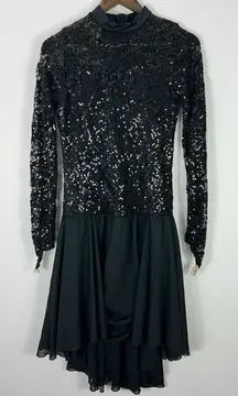 Weissman LA Black Sequin Mock Neck Dress L Asymmetrical Hem Dance Ballet Costume