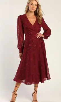 Lulus Burgundy Floral Wrap Midi Dress