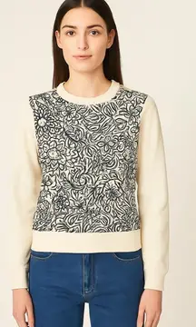 Tory Burch Embroidered Scribble Doodle Graphic Floral Sweater- Size Small