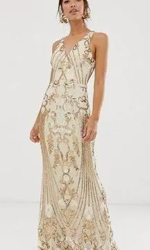 Bariano NWT ASOS ||  Embellish Pattern Gold Sequin Strappy Back Maxi Dress Size 6