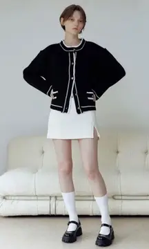 Hackesch Cardigan Button Up Long Sleeve Knit Sweater Black White Womens