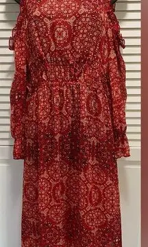 Red Tan Black Paisley Cold Shoulder Chiffon Ruffle Dress Size M