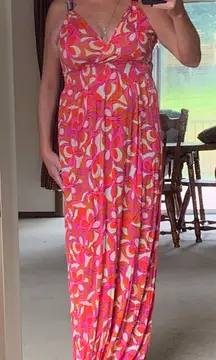 Maxi Printed Dress In R Reds, Pinks And Beige Patterns