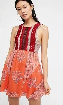 Free People  • Katie’s Crochet Top Mini Dress boho bandana print red orange flare