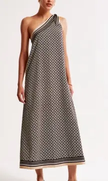 ABERCROMBIE & FITCH One Shoulder Scarf Midi Dress Large Black Cream NEW Modern