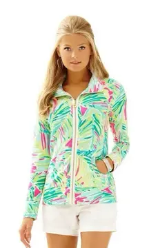 Lilly Pulitzer Leona UPF 50+ Zip Jacket Tropical Storm Green Pink Palm Leaves M