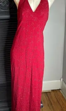Vintage Y2K Red Glitter Metallic Halter Prom Slit‎ Dress Size M