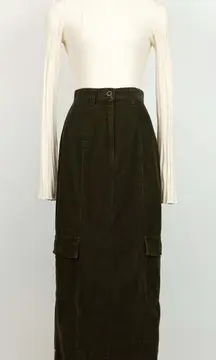Vintage 90’s Corduroy Cargo Maxi Skirt in Dark Olive | Size 26”
