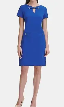 Tommy Hilfiger Blue Eyelet Shift Dress Size 6 Short Sleeves Keyhole Neckline