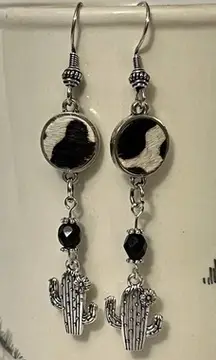 Silver Tone Black‎ Tan Cow Hide Black Glass Cactus Dangle Earrings Handmade NEW