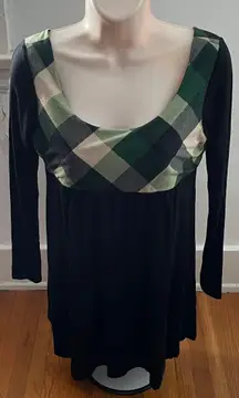 Vintage Y2K  Black Tunic with Green Plaid Detailing, size S Made in USA