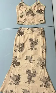 Beige Tan Floral Roses Tank Top and Maxi Skirt Coords Matching Set 🤎