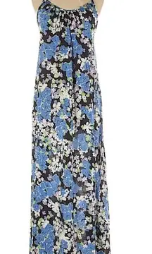 Floral Maxi Slip Dress Swim Coverup Low Back Spaghetti Strap Blue Small