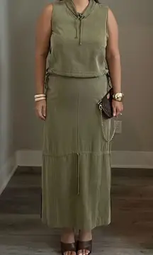 Vintage August Silk Olive Green Sleeveless Maxi Skirt Set