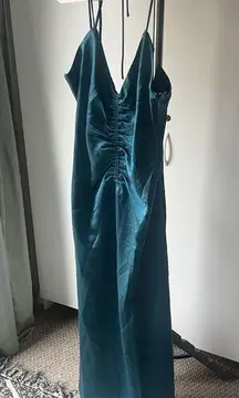 Jason Wu  Womens Ruched Satin Midi Slip Dress Size L Teal Blue Strappy Open New