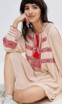 Free People Wind Willow Embroidered Tunic Shift Mini Dress‎ Size Small Tassels