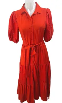 Aura Red Short Puff Sleeve Tiered Tie Waist A Line Midi Shirt Dress Size XS