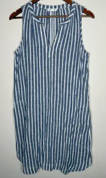 Beach Lunch Lounge Blue White Stripe Sleeveless Linen Cotton V‎ Neck Sz M