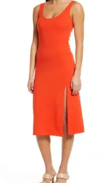 Scoop Neck Orange Bodycon Midi Tank Dress Size XS NWOT Sleeveless.    Bodycon Midi Tank Dress in Orange Scoop Neck Sleeveless Front side slit Some Stretch 75% Polyester, 21% Viscose, 4% Spandex  Approximate measurements  pit to pit 28” waist 22” length 38”  casual comfortable summer work office school party vacation