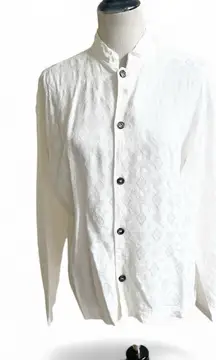 CP Shades Diamond Jacquard Print Rayon Button Down Size Large White Coastal