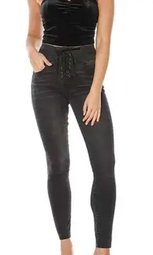 NWT Juicy Couture Womens Black Faded Wash High-Waisted Lace-Up Skinny‎ Jeans 24
