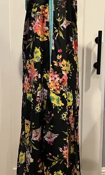 Floral sheer swim coverup Maxi Dress w/embroidery Trim size L high side slits