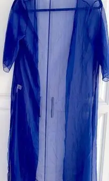 Blue Sheer Maxi Cardigan Size L Side Slits 3/4 Sleeves