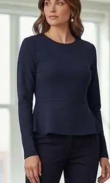 J Brand Navy Blue Peplum Zip Back Long Sleeve Top Office Basic Chic Womens M