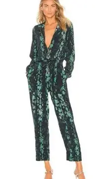 Cleobella  Lia Jumpsuit In Teal Green Snake Print Long Sleeve Zip Up Size Small