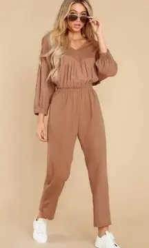 Listicle Crepe Smocked Waist Quarter Sleeve Full Length Jumpsuit Jumper Brown