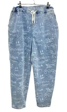 Gemma Rae Womens Skinny Jeans Blue Novelty Graffiti Light‎ Wash Drawstring 15/32