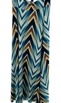 Veronica‎ M Size xs Satin Stretch Flared Maxi Skirt Blue Gold Abstract Chevron