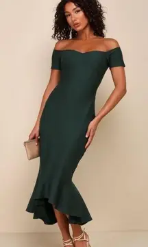 Lulus  How Much I Care Dark Green Off-the-Shoulder Ruffle Hem Midi Dress Sz S