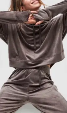 Aerie‎ Offline Women's Dark Grey Hooded Velour Cropped Sweatshirt