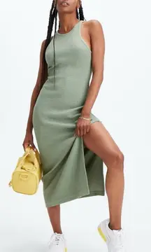 Fabletics Crinkle Knit Tank Dress Desert Cactus Green Midi Slit Stretchy Size L