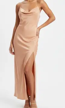 ASSENZA Satin Slip Dress Peach Cowl Neck Spaghetti Strap Tie Back Maxi