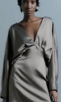 Womens S Voluminous Sleeve Satin Effect Dress Deep V-Neck Green Open