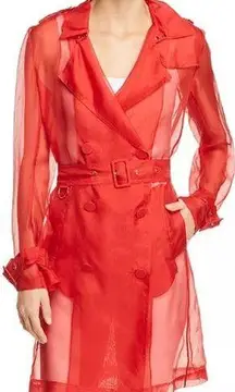 Elie Tahari Natania Sheer Double Breasted Belted Trench Coat Red Women's L
