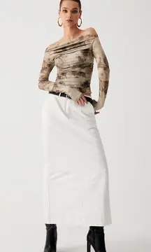 Commense Semi Sheer Tulle Mesh Top Off Shoulder Long Sleeve Crop Top Small Khaki