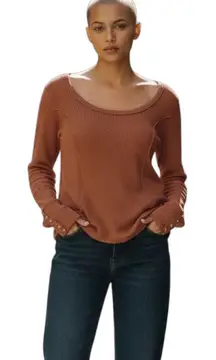 White Crow Boho Waffle Knit Thermal Top Women's Medium Rust Long Sleeve Henley