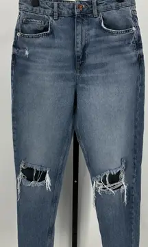 Zara Womens Distressed Ripped Mom Jeans Blue Size 6 EUR38 High Rise Frayed Hem