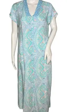 Miss Elaine Housecoat Womens Small‎ White Blue Paisley Lightweight Summer Lounge