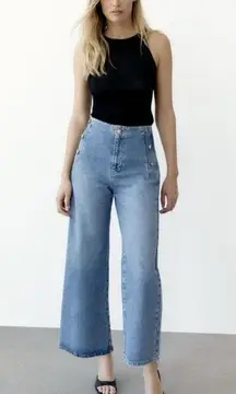 Zara Women’s  High Waisted Wide Leg Cropped Raw Hem Jeans