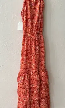 Outerknown Pink Orange Ruffle Tier High Neck Split Strap Maxi Dress Floral Sz 2